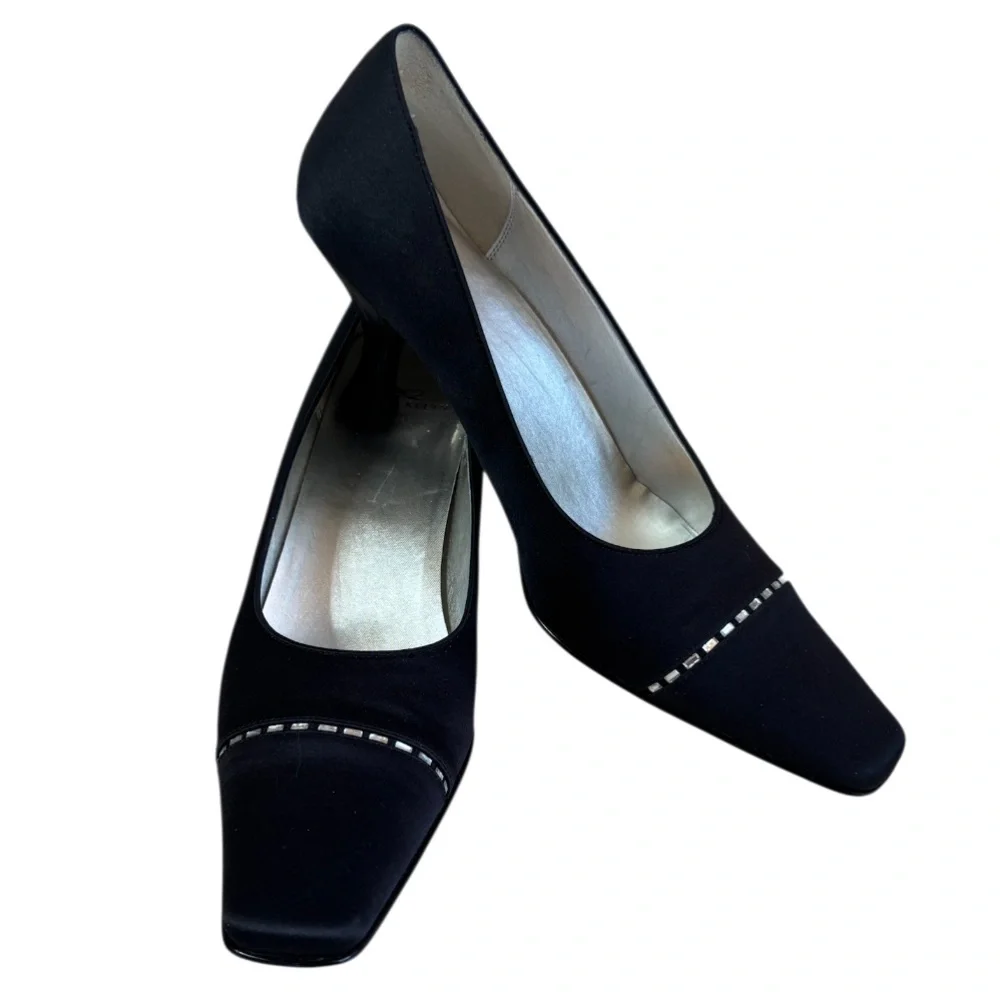Elegant Pumps Vintage 90s Y2K Rhinestone Pointed Square Heel Black Silver Size 8
